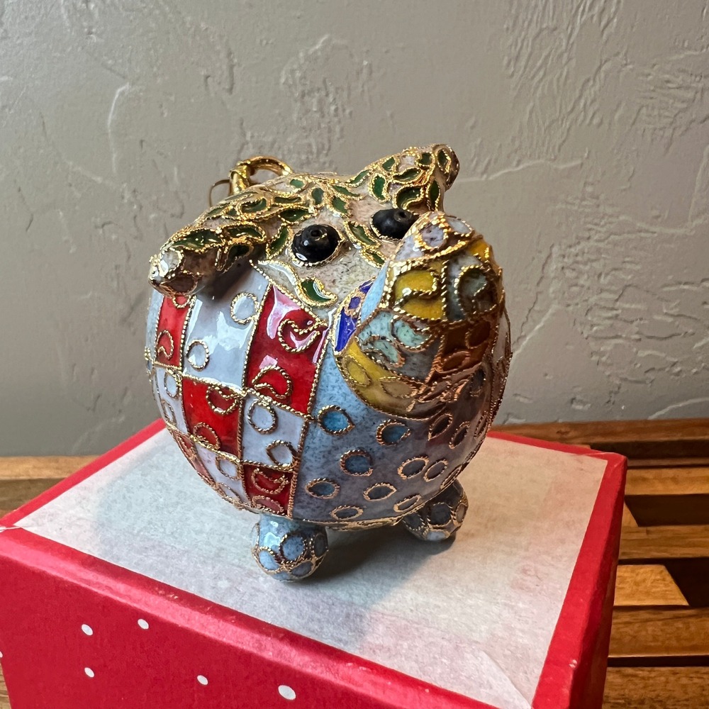 Vintage Cloisonne Enamel Piggy Bank Ornament Multicolor Patchwork Star Charm